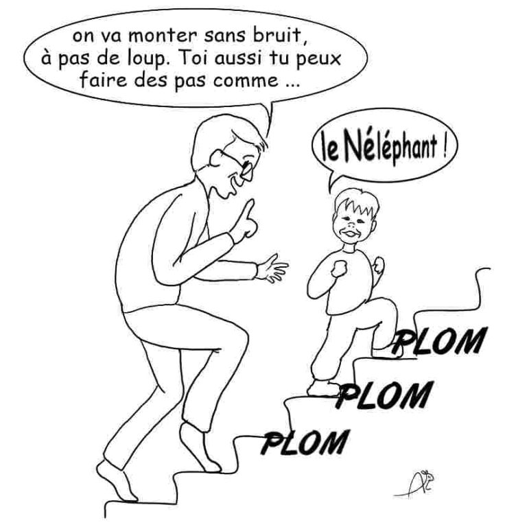 Les liaisons sont difficiles. Un enfant monte un escalier bruyament comme le néléphant.